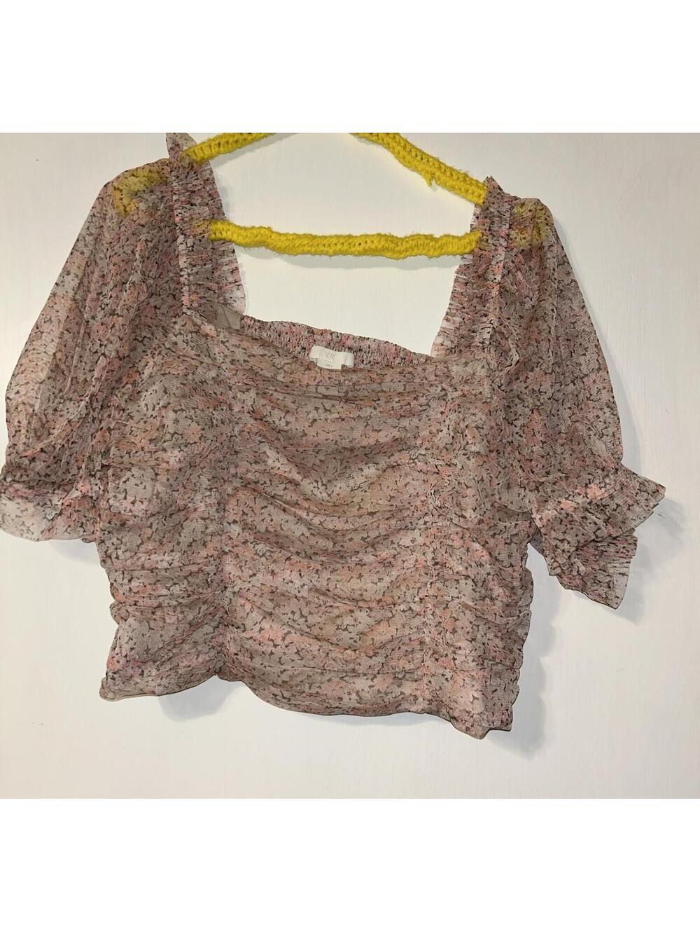 H&M Crop Top Ruch Puff Sleeve Sheer Y2K Womens L Pink Floral Cottagecore